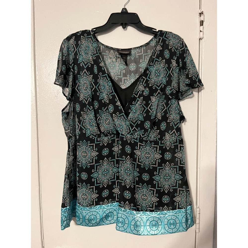 Lane Bryant Black Turquoise Medallion Chiffon Blouse Plus Size 18/20 Side‎ Zip